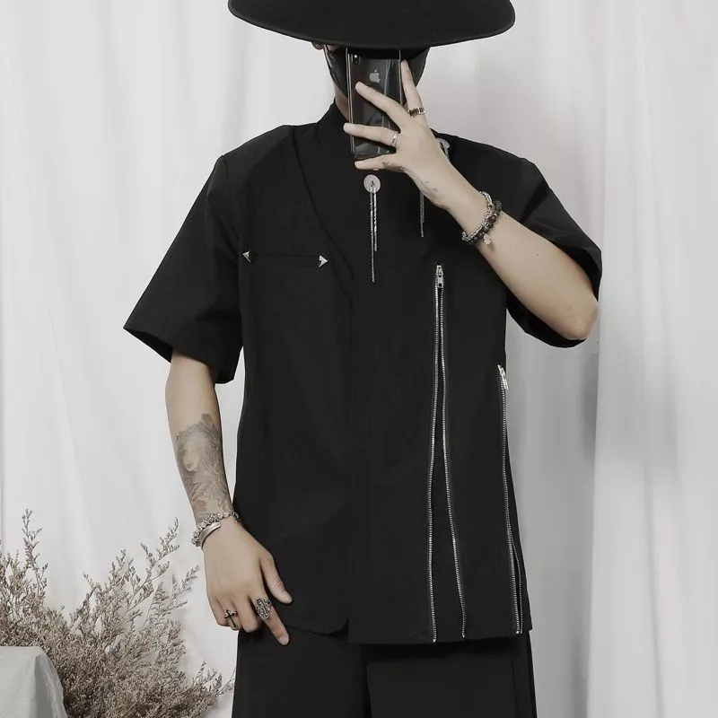 Áo Sơ Mi Tay Ngắn Cổ Đứng Dáng Rộng Phối Khóa Kéo Thời Trang Mùa Hè 2023 Cho Nam