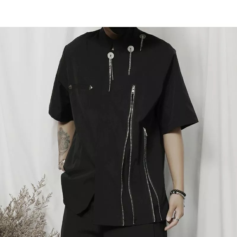 Áo Sơ Mi Tay Ngắn Cổ Đứng Dáng Rộng Phối Khóa Kéo Thời Trang Mùa Hè 2023 Cho Nam