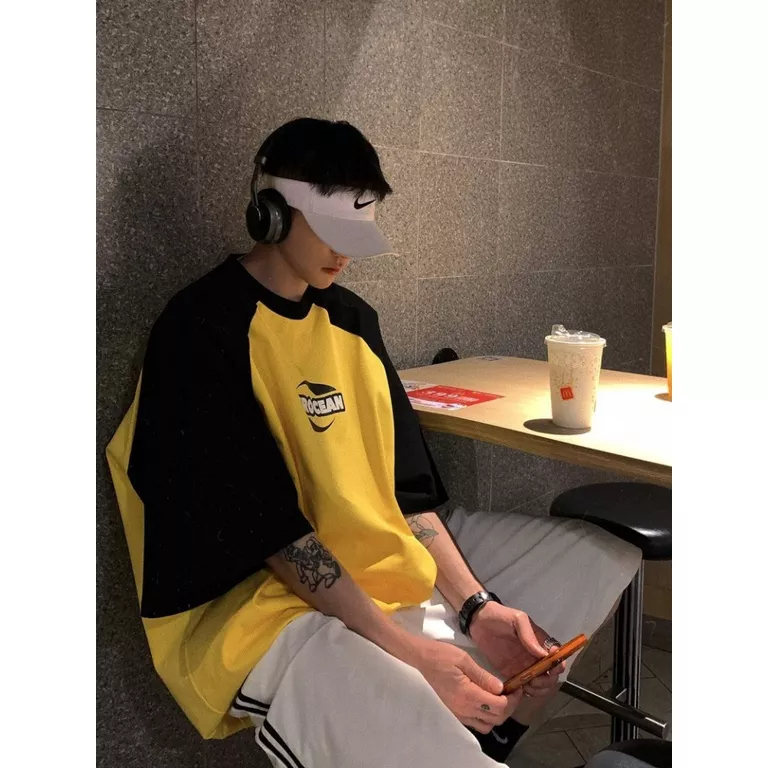 Áo Thun Raglan Tay Lửng Màu Sắc Tương Phản Phong Cách Mỹ