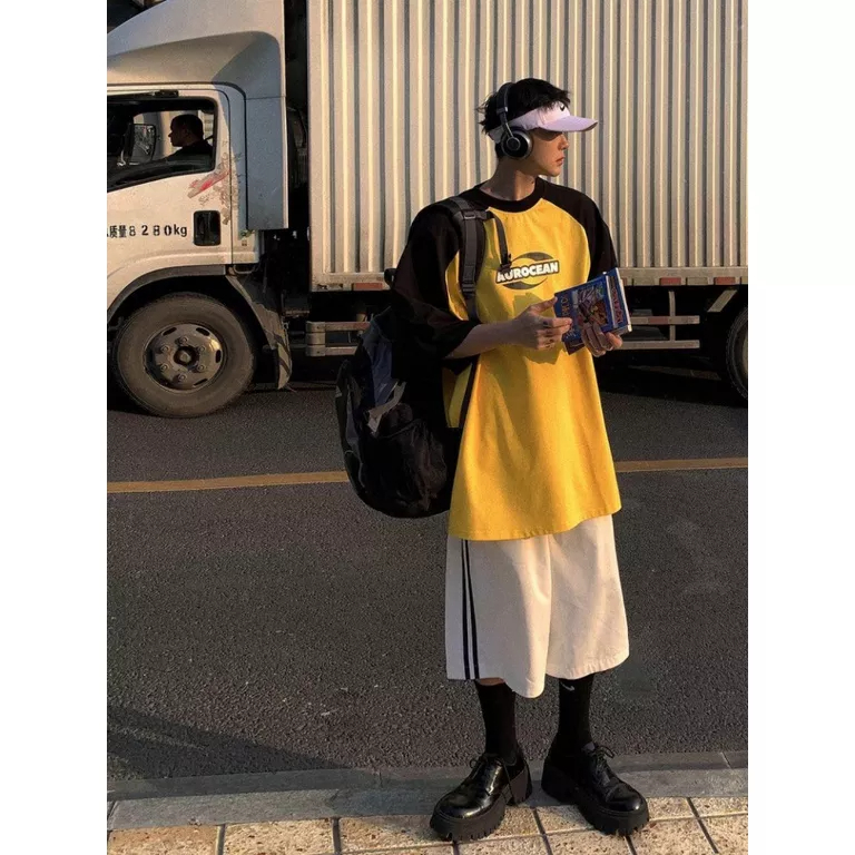 Áo Thun Raglan Tay Lửng Màu Sắc Tương Phản Phong Cách Mỹ