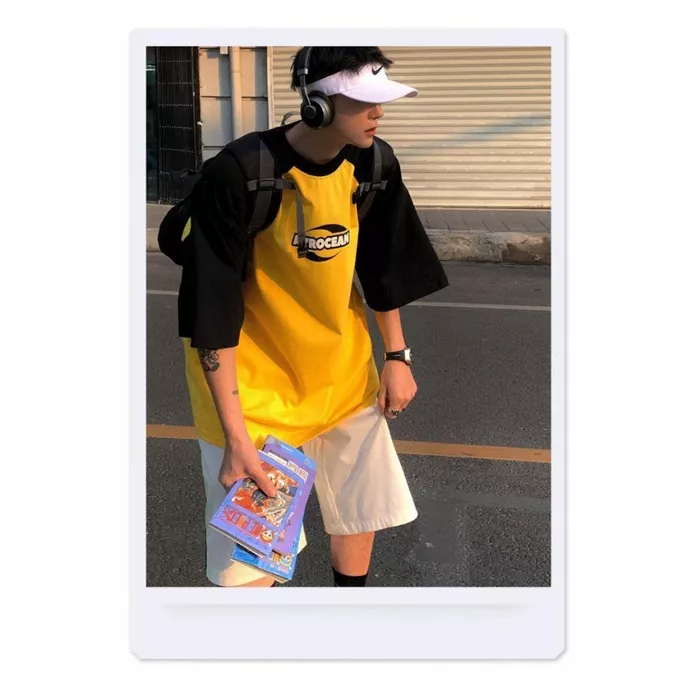 Áo Thun Raglan Tay Lửng Màu Sắc Tương Phản Phong Cách Mỹ