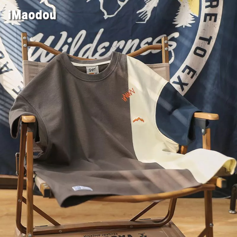 Áo Thun Ngắn Tay Cổ Tròn Dáng Rộng Thêu Họa Tiết Màu Sắc Tương Phản Phong Cách Nhật Bản Thời Trang Mùa Hè Cho Nam Và Nữ