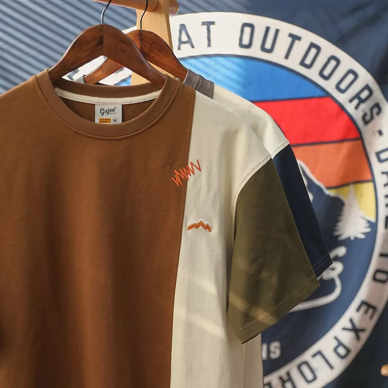 Áo Thun Ngắn Tay Cổ Tròn Dáng Rộng Thêu Họa Tiết Màu Sắc Tương Phản Phong Cách Nhật Bản Thời Trang Mùa Hè Cho Nam Và Nữ