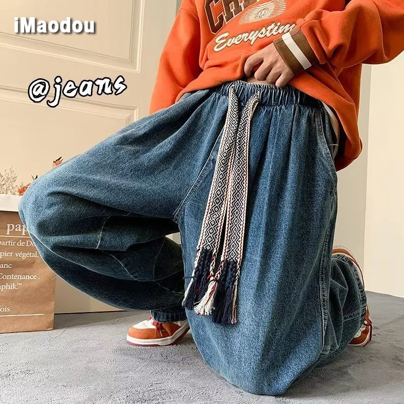 Quần Jean Ống Rộng Lưng Thun Phối Dây Rút Cá Tính Theo Phong Cách Xuân Hè Retro Dành Cho Nam