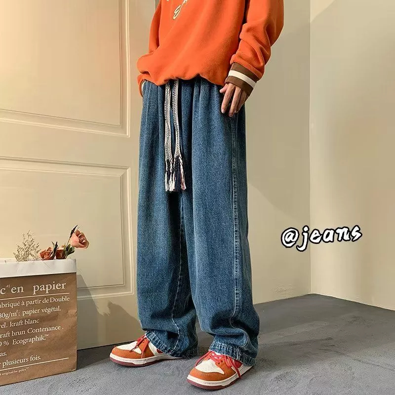 Quần Jean Ống Rộng Lưng Thun Phối Dây Rút Cá Tính Theo Phong Cách Xuân Hè Retro Dành Cho Nam