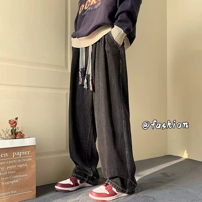 Quần Jean Ống Rộng Lưng Thun Phối Dây Rút Cá Tính Theo Phong Cách Xuân Hè Retro Dành Cho Nam