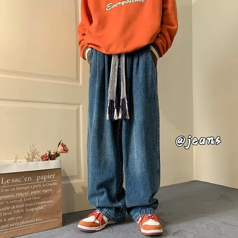Quần Jean Ống Rộng Lưng Thun Phối Dây Rút Cá Tính Theo Phong Cách Xuân Hè Retro Dành Cho Nam