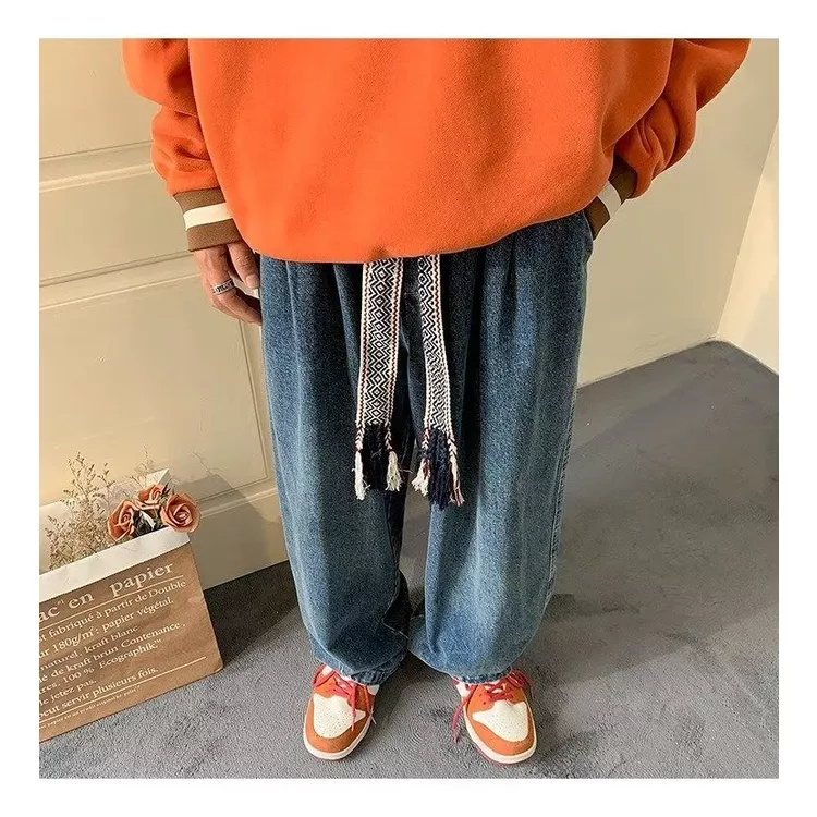 Quần Jean Ống Rộng Lưng Thun Phối Dây Rút Cá Tính Theo Phong Cách Xuân Hè Retro Dành Cho Nam
