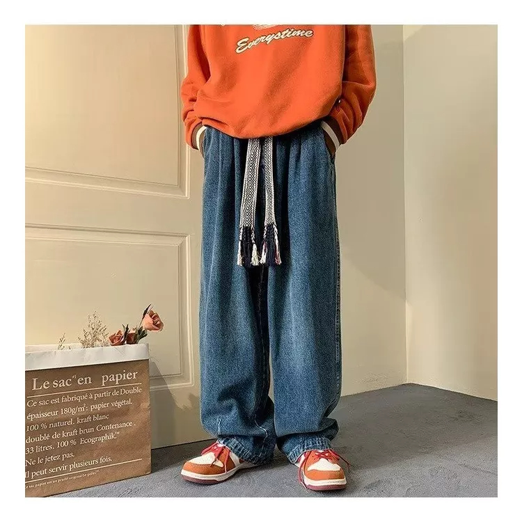 Quần Jean Ống Rộng Lưng Thun Phối Dây Rút Cá Tính Theo Phong Cách Xuân Hè Retro Dành Cho Nam