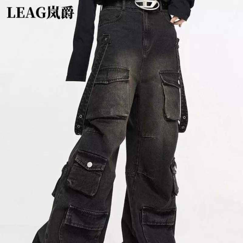 Quần Jean Ống Rộng Nhiều Túi Phong Cách Hip Hop Đường Phố Cho Nam