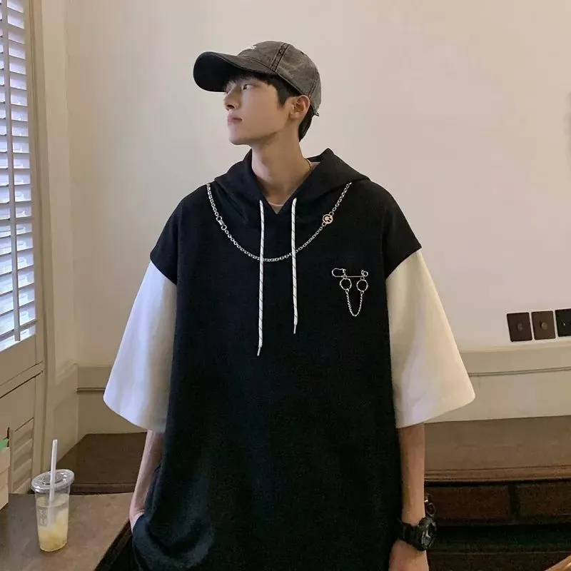 Áo Hoodie Giả Hai Lớp Tay Ngắn Dáng Rộng Phong Cách Hong Kong Thời Trang Mùa Hè Cho Nam