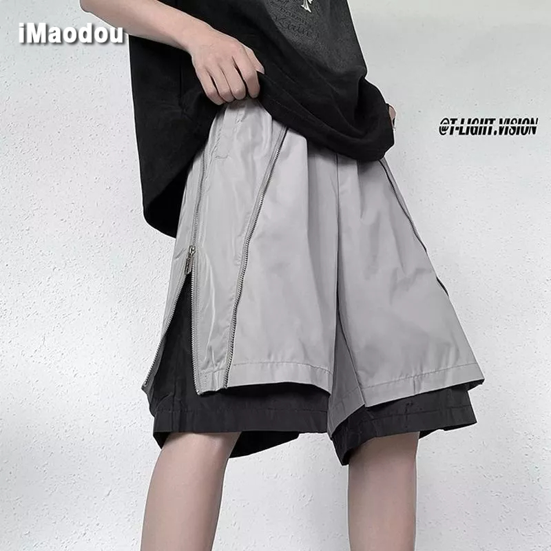 Quần Short Giả Hai Lớp Phối Khóa Kéo Dáng Rộng Phong Cách Mỹ Thời Trang Mùa Hè Cho Nam