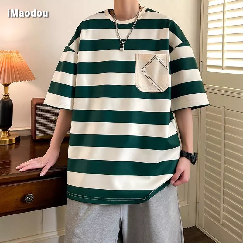 Áo Thun Tay Ngắn Cổ Tròn Họa Tiết Kẻ Sọc Thời Trang Mùa Hè 2023 Mới Cho Nam