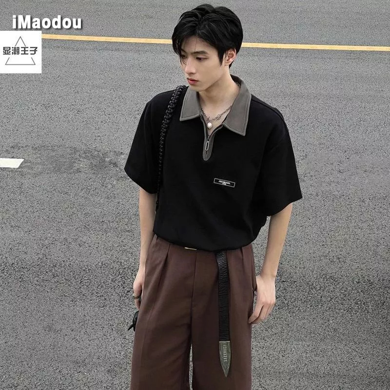 Áo Thun polo Tay Ngắn Có Khóa Kéo Màu Sắc Tương Phản Phong Cách Retro Mỹ Thời Trang Mùa Hè Cho Nam Và Nữ