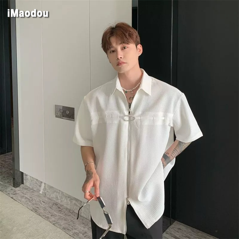 Áo Sơ Mi Tay Ngắn Dáng Rộng Có Khóa Kéo Phong Cách Thời Trang Đường Phố Mỹ Cho Nam Và Nữ