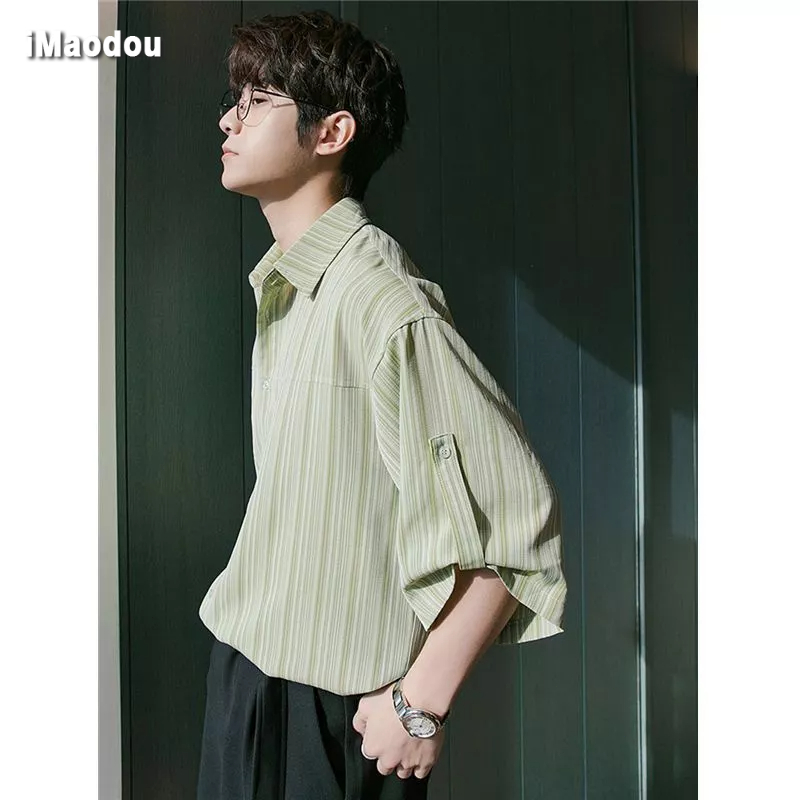 Set Áo Sơ Mi Tay Ngắn Kẻ Sọc Phối Quần Short Thời Trang Hàn Quốc Cá Tính Cho Nam