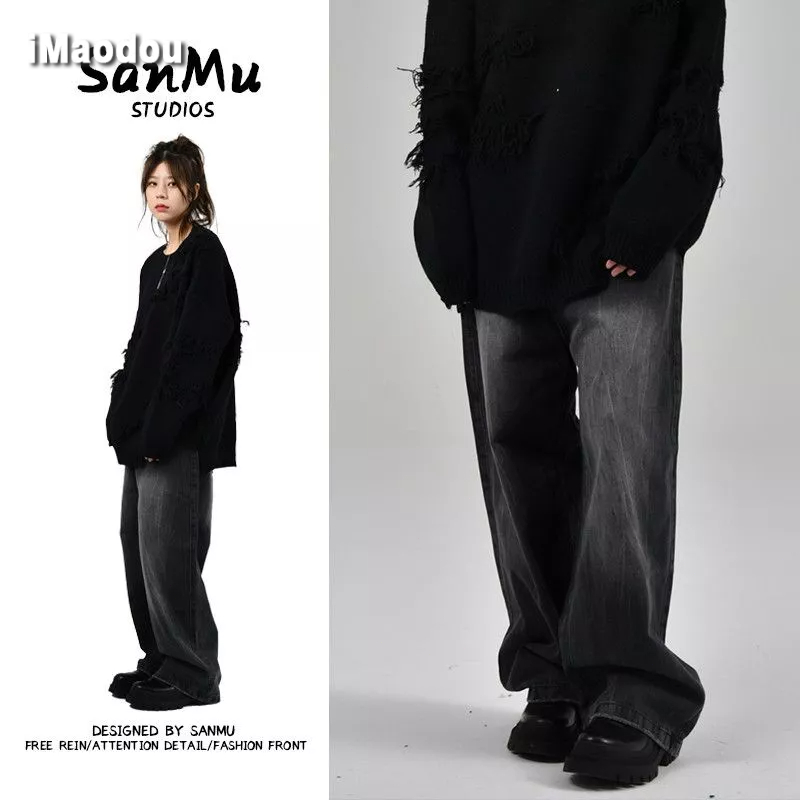 Quần Jean Dài Dáng Rộng Thẳng Màu Đen Thiết Kế Vết Nứt Retro Mỹ Thời Trang Cho Nam