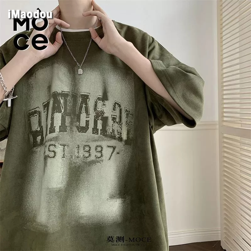 Áo Thun Da Lộn Tay Ngắn Dáng Rộng In Chữ Mo Measured Phong Cách Hip Hop Đường Phố Mỹ Thời Trang Mùa Hè Cho Nam