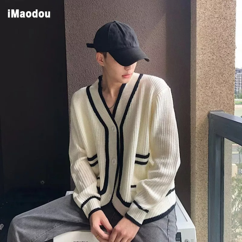 Áo Khoác Cardigan Dệt Kim Cổ Chữ V Dáng Rộng Họa Tiết Kẻ Sọc Trắng Đen Phong Cách Hàn Quốc Thời Trang Xuân Thu Cho Nam Và Nữ