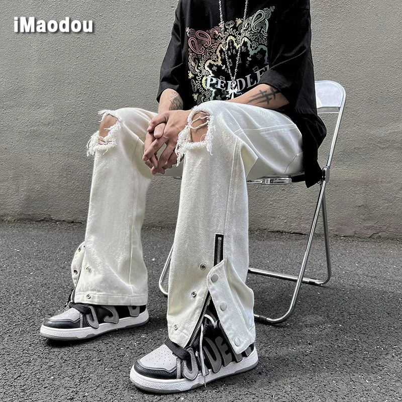 Quần Jean Ống Loe Phối Khóa Kéo Thời Trang Đường Phố Mỹ Cá Tính Cho Nam