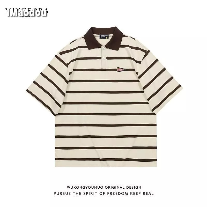 Áo Thun polo Tay Ngắn Dáng Rộng Họa Tiết Kẻ Sọc Phong Cách Nhật Bản Thời Trang Mùa Hè Cho Nam Và Nữ