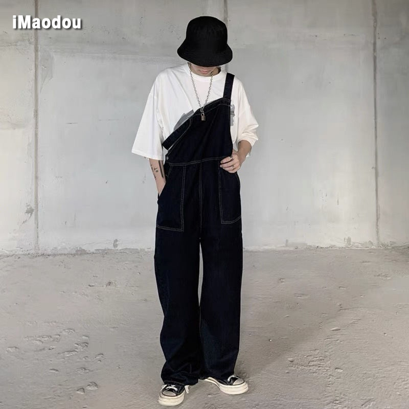 Quần yếm denim iMaodou ống rộng phong cách retro dễ phối đồ thời trang mùa thu cho nam