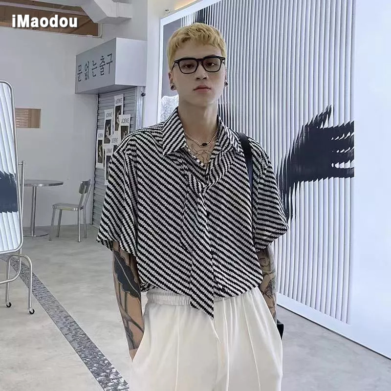 Áo Sơ Mi Tay Ngắn Dáng Rộng Họa Tiết Kẻ Sọc Phong Cách Harajuku Thời Trang Mùa Hè Cho Nam