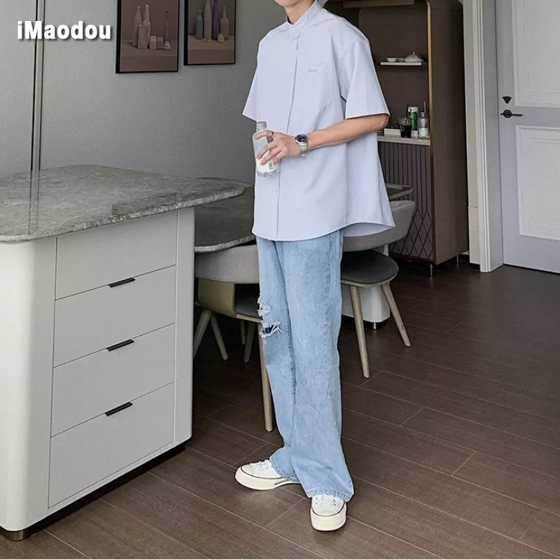 Quần Jean Rách Gối Dáng Rộng Thời Trang Mùa Hè Phong Cách Hàn Quốc Cho Nam