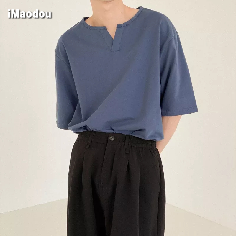 Áo Thun Nam Tay Ngắn Cổ Chữ V Màu Trơn Phong Cách Hàn Quốc Thời Trang Mùa Hè Mới