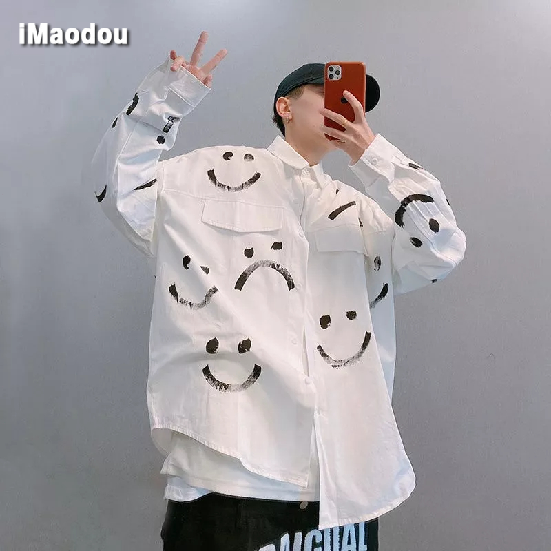 Hàng Mới Về Áo Sơ Mi Nam Dài Tay Dáng Rộng Họa Tiết Mặt Cười Phong Cách Nhật Bản
