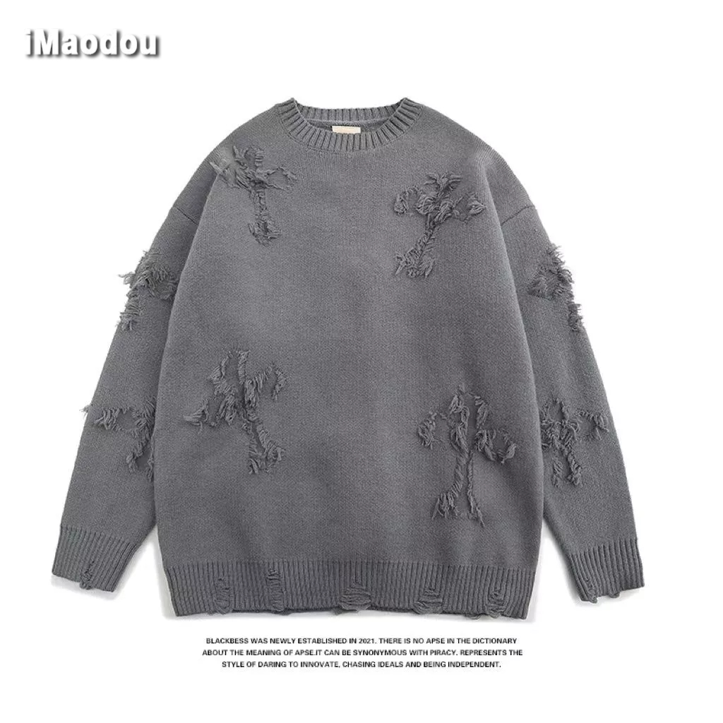 iMaodou Áo khoác sweater iMaodou cổ tròn dáng rộng thiết kế rách thời trang thu đông cho nam giới