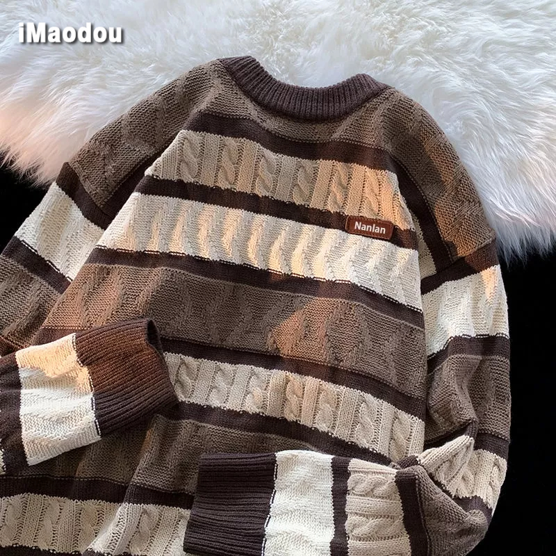 Áo Sweater Cổ Tròn Kẻ Sọc Màu Sắc Tương Phản Thời Trang Thu Đông Cho Nam Và Nữ