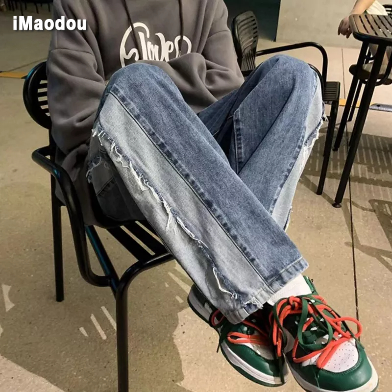 Quần Jean Ống Rộng Màu Sắc Tương Phản Phong Cách Hong Kong Thời Trang Xuân Hè Cho Nam