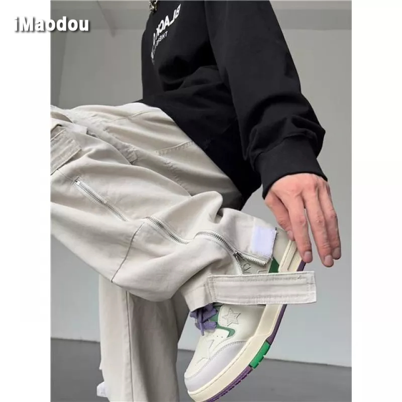 Quần Dài Ống Rộng Lưng Cao Nhiều Túi Phong Cách Retro Mỹ Cho Nam