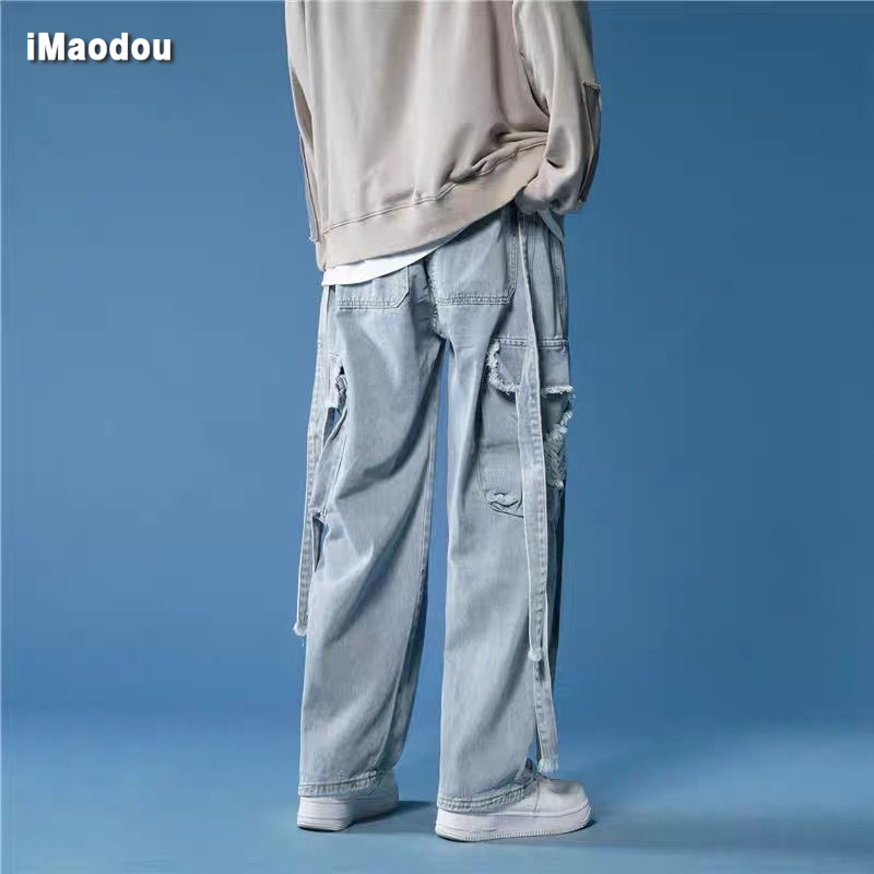 Quần Jean Dài Dáng Rộng Phối Dây Ruy Băng Cá Tính Phong Cách Hip-Hop Đường Phố Cho Nam