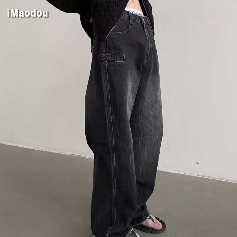 Quần Dài Ống Rộng Thẳng Cao Cấp Mùa Thu Có Thể Giặt Rửa Vết Nứt Màu Đen Xám