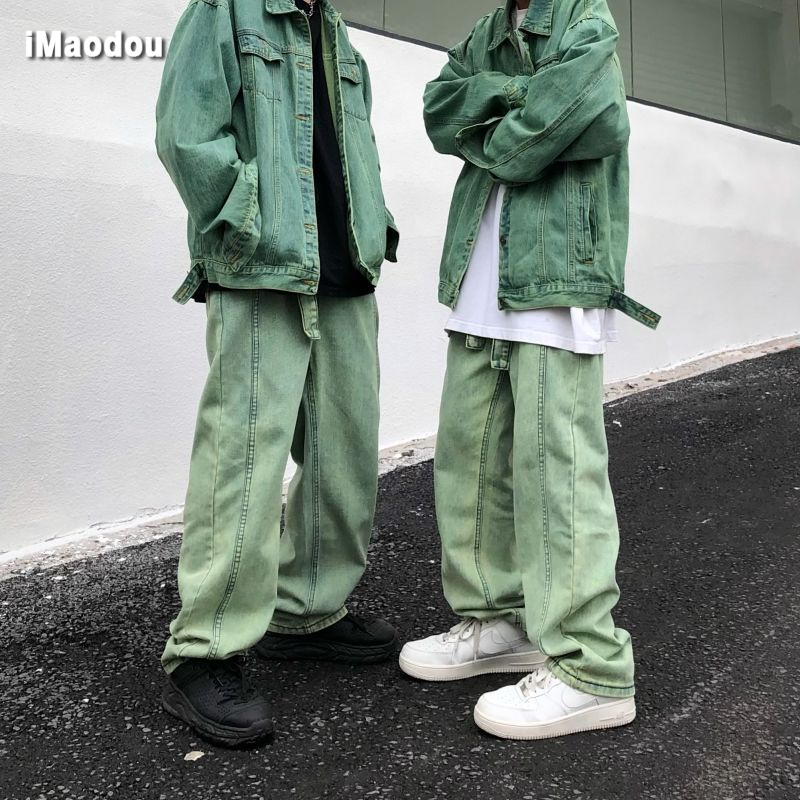 Quần Jeans Hip Hop Ba Chiều Ống Rộng Màu Xanh Lá Phong Cách Retro Đường Phố Cho Nam Và Nữ