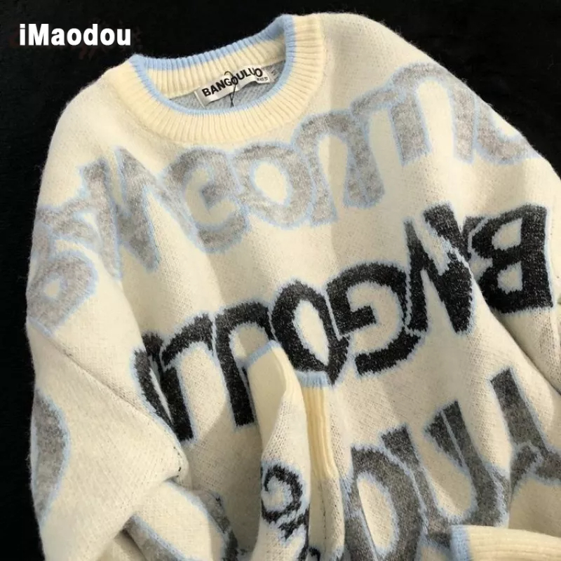 Zhuangji Áo Sweater Dệt Kim Dáng Rộng In Chữ Màu Gradient Phong Cách Đường Phố Mỹ Cho Cặp Đôi