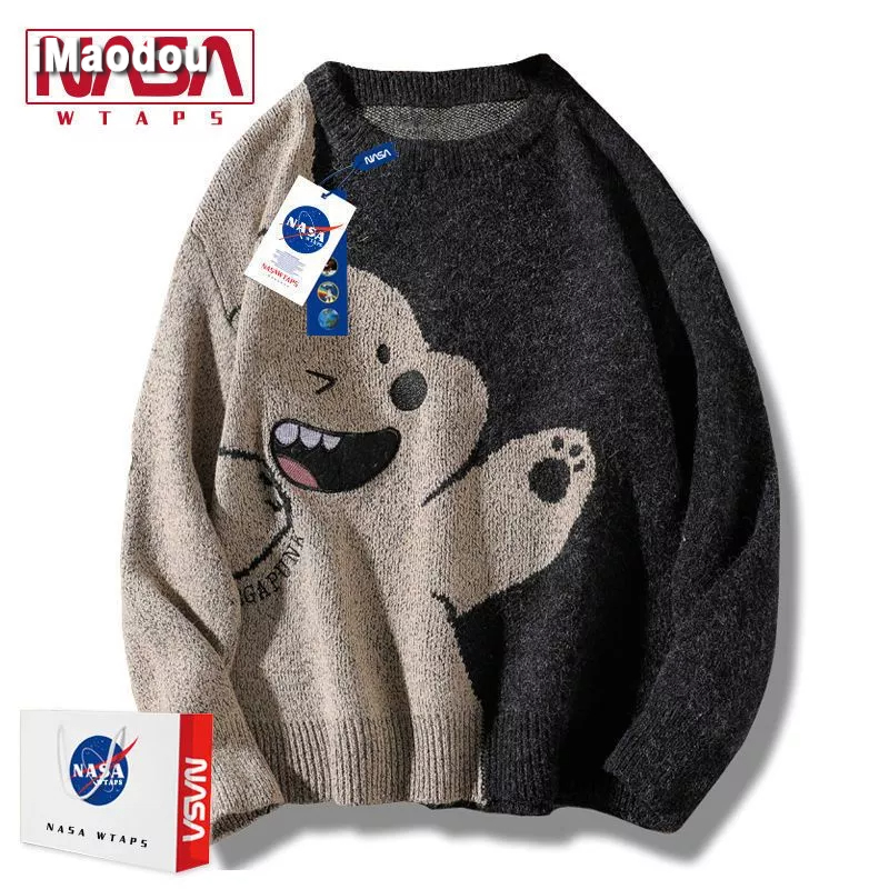 Áo Sweater Dáng Rộng In Hình Gấu Phong Cách Hong Kong Thời Trang Cho Nam