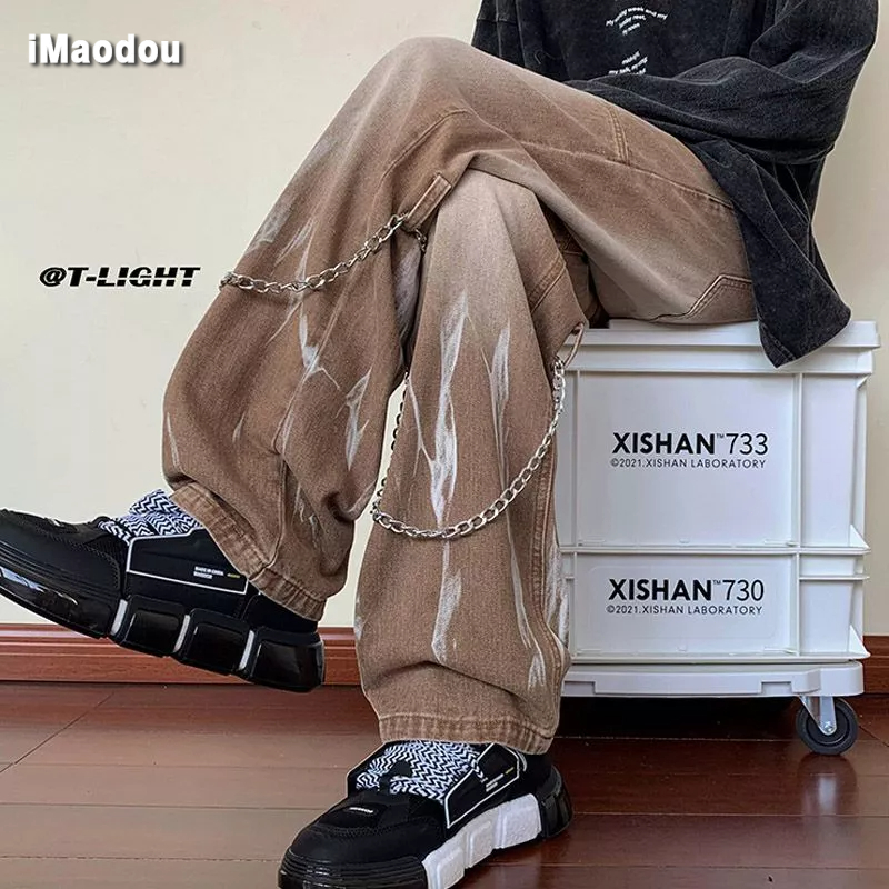 IMaodou Quần jean iMaodou nhuộm màu phong cách hip hop đường phố Mỹ cá tính cho nam