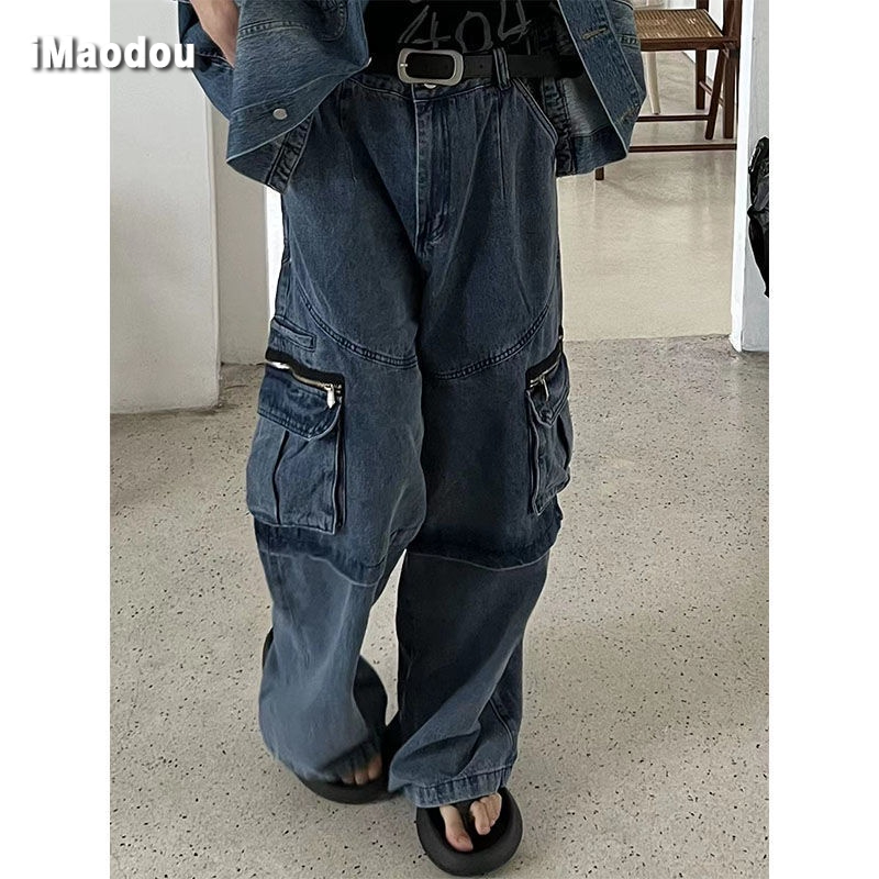 Quần Yếm Denim Dáng Rộng Nhiều Túi Có Khóa Kéo Phong Cách Công Nghiệp