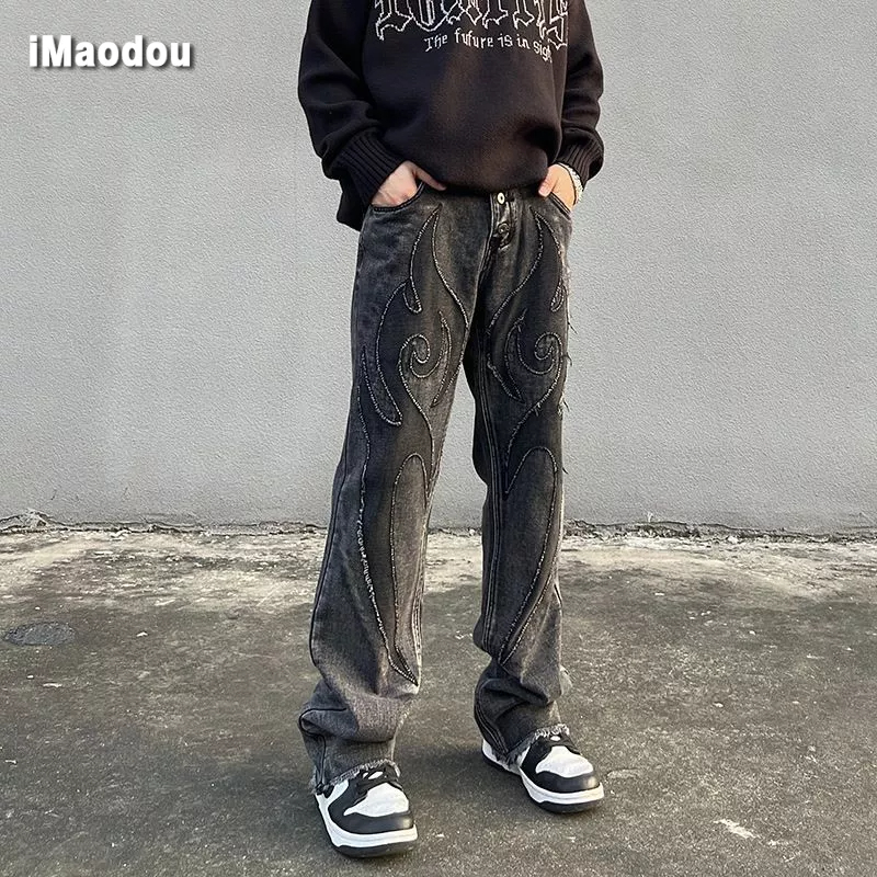 Quần Jean Dài Dáng Rộng Thêu Họa Tiết Kiểu Đường Phố Mỹ Cá Tính Cho Nam Và Nữ