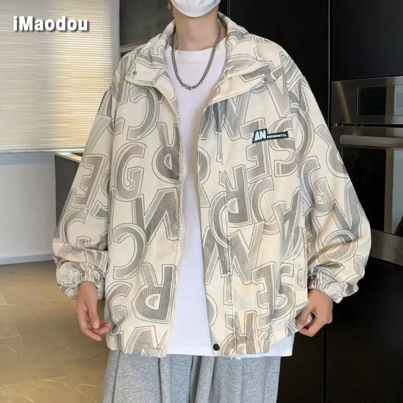 Áo Khoác Nhung Kẻ Dáng Rộng In Chữ Phong Cách Thời Trang Hàn Quốc Cho Nam Giới