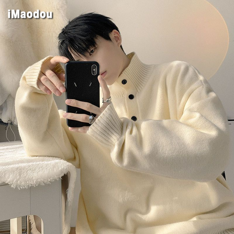 Áo Sweater Cổ Polo Dáng Rộng Màu Trơn Cài Nút Thời Trang Mùa Thu Cho Các Cặp Đôi