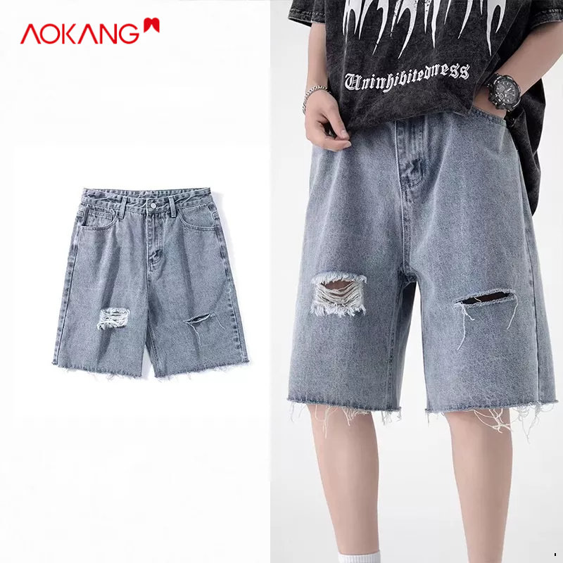 Quần short denim AOKANG phối rách phong cách Hàn Quốc dành cho nam