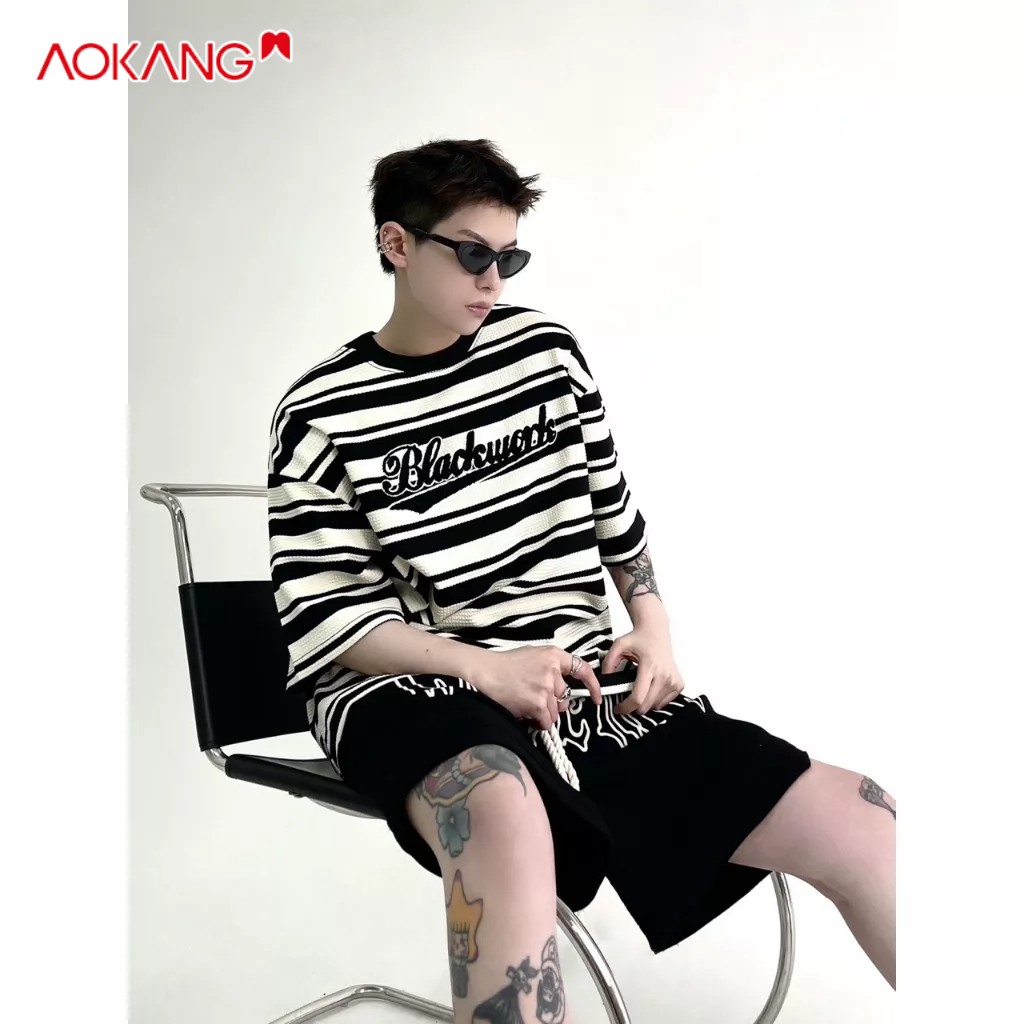 Aokang Áo Thun Tay Ngắn Cổ Tròn Họa Tiết Kẻ Sọc Đơn Giản Thời Trang Mùa Hè Cho Nam