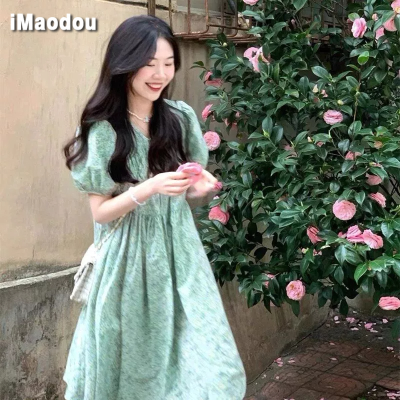 IMAODOU Váy Midi Mỏng Eo Cao Tay Phồng In Hoa Kiểu Hàn Quốc Dễ Phối Đồ Cho Nữ