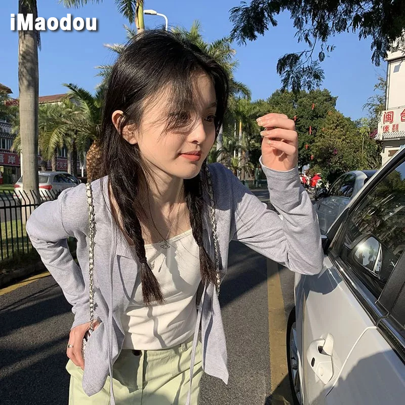 IMAODOU Bộ Áo Cardigan Hai Dây + Áo Khoác Cardigan + Cà Vạt Thời Trang 2023 Cho Nữ