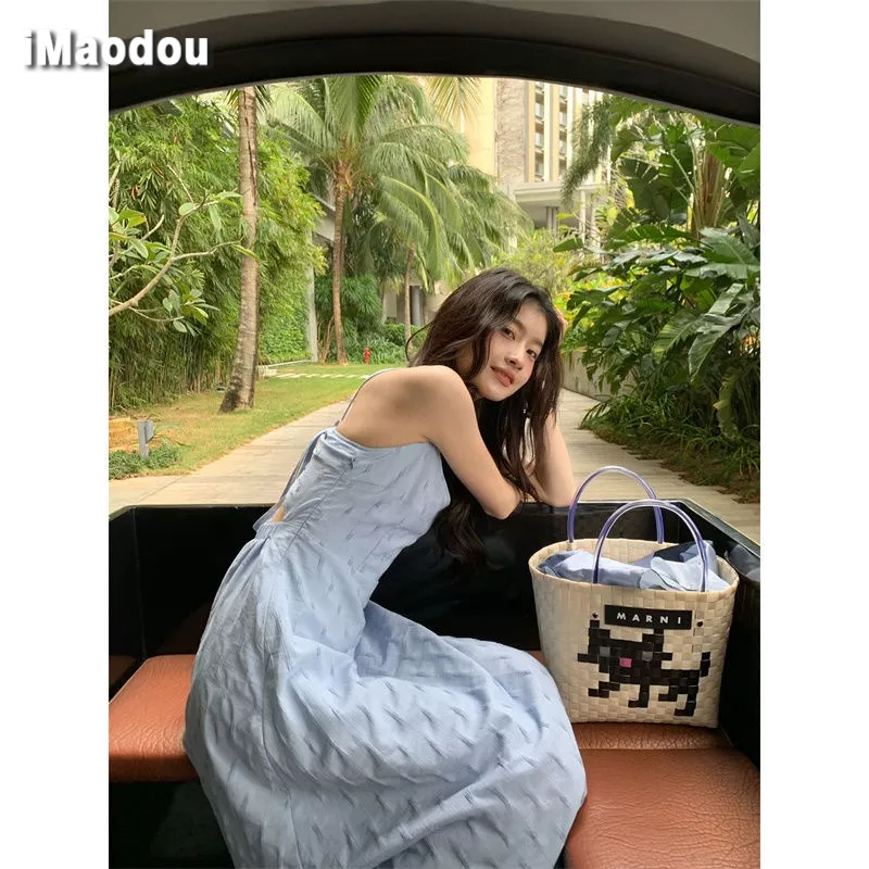 IMAODOU Đầm hai dây màu xanh lam dáng dài rộng kiểu chữ A cột dây sau lưng cho nữ