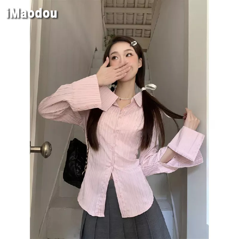 IMAODOU Áo Sơ Mi Tay Dài Vải Satin Xếp Ly Màu Hồng Nhạy Cảm Thời Trang Mùa Xuân 2023 Mới